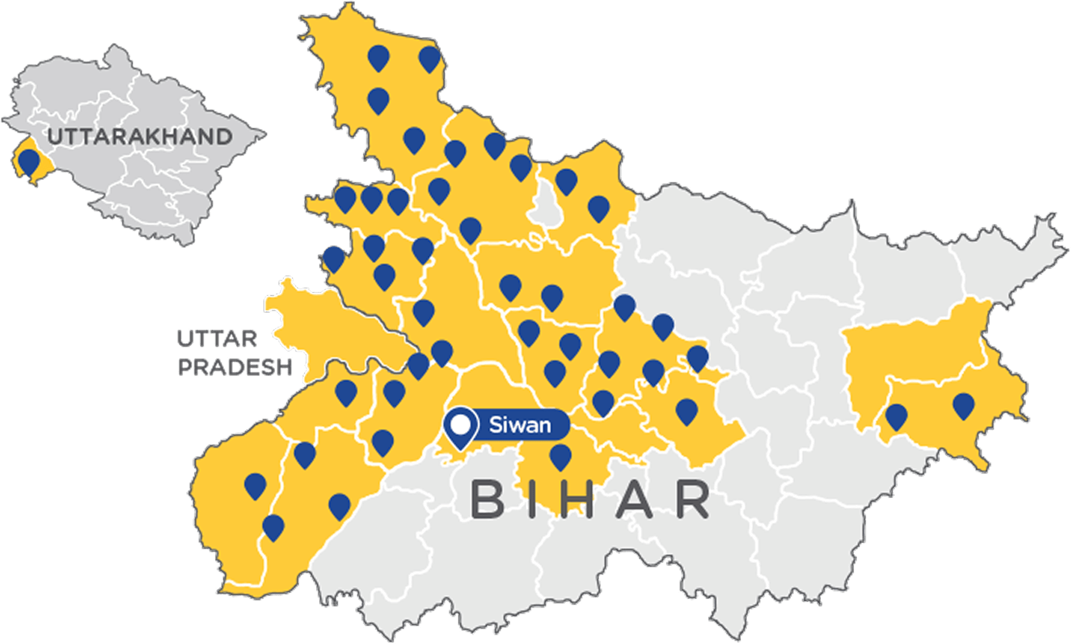 Map of Vision Centre locations across Bihar and neighbouring states